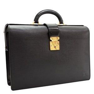 Black Leather Top-Handle Briefcase with Gold Hardware